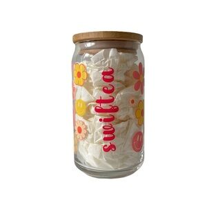 Taylor Swiftie "SwifTEA" Iced Tea‎ Flower Smiley Face Sipper Glass w/ Bamboo Lid